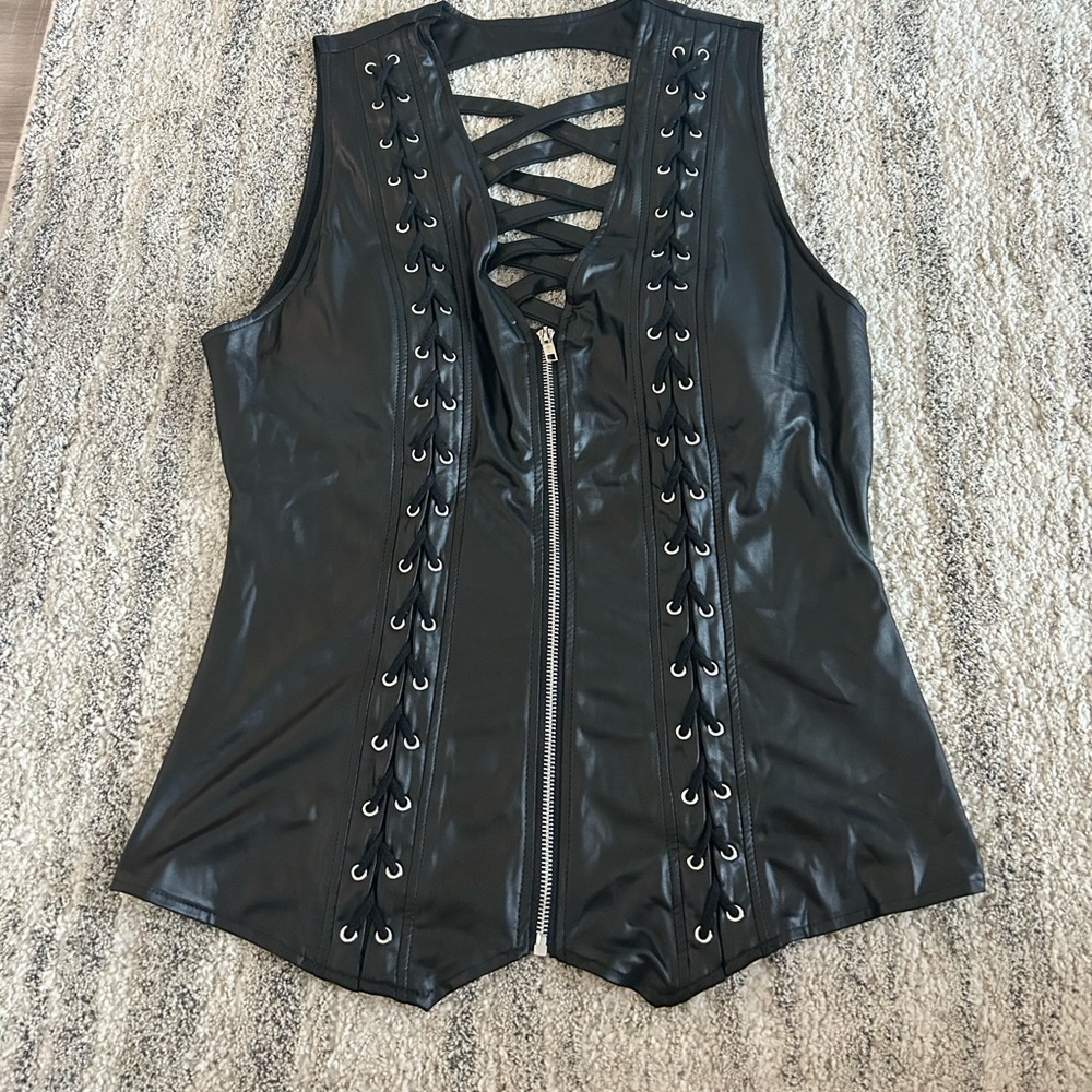 Black Lace-Up Faux Leather Vest